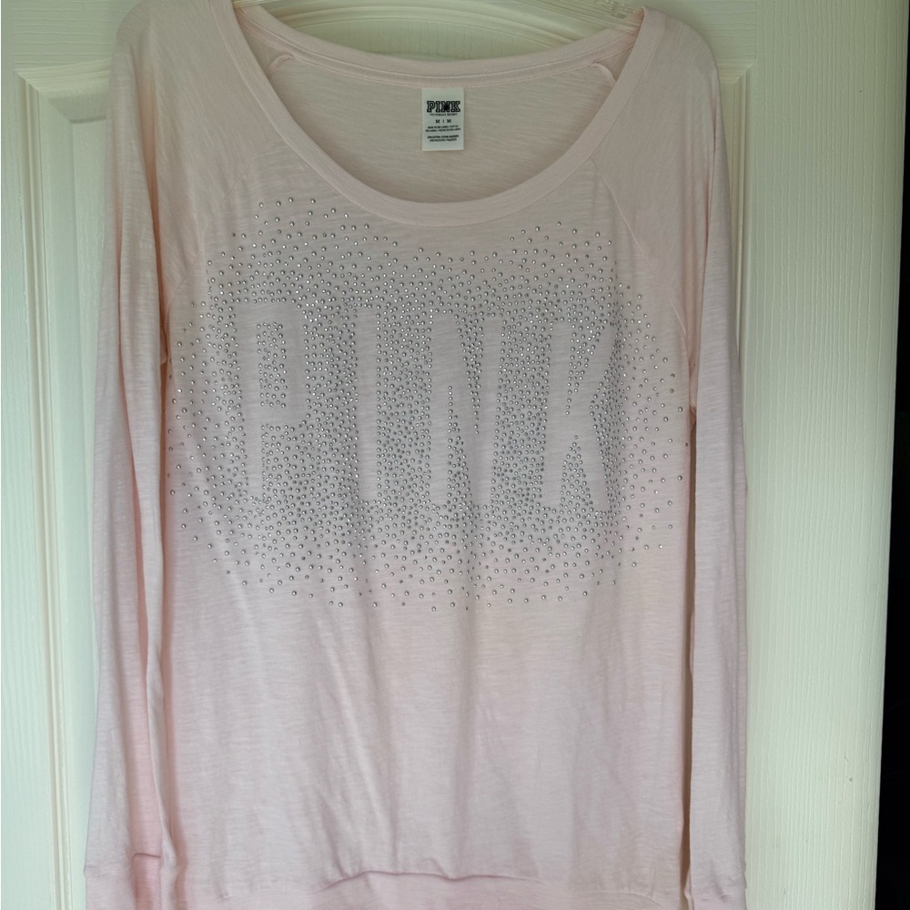 Victoria's Secret PINK Light Pink Rhinestone Logo Long Sleeve Top
